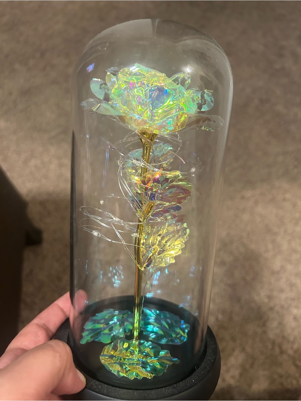Iridescent Glass Rose Dome - Gold Stem Home Art